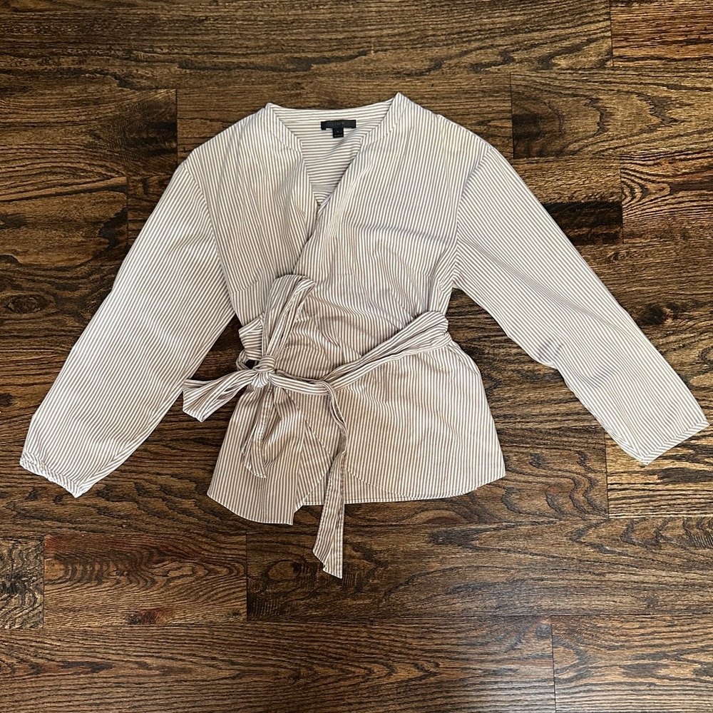 J. Crew Tan and White Wrap Blouse - Picture 2 of 4